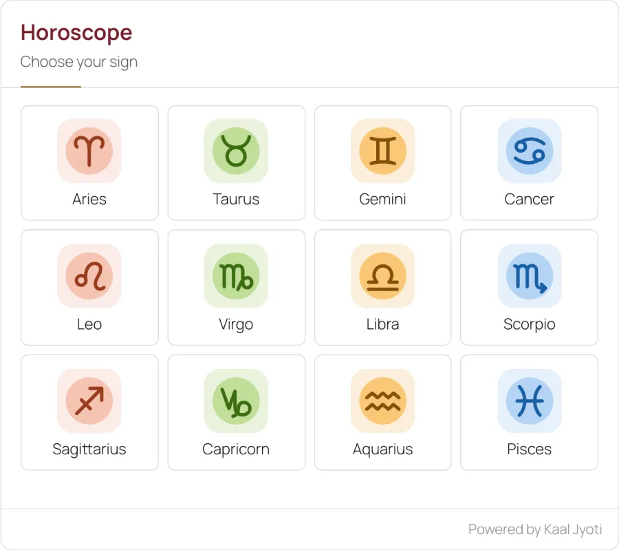 The horoscope widget before a sign is chosen: twelve sign buttons, Aries to Pisces, each with its symbol on a tile coloured by element — fire, earth, air and water.